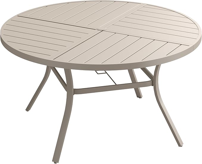 Patio Dining Table for 6-8, Round Metal Outdoor Table with Storage Shelf, 1.57" Umbrella Hole, 53" Outdoor Quartered Tabletop Dining Table for Backyard, Porch, Lawn, Sand