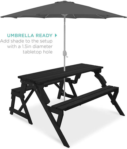 Best Choice Products 2-in-1 Transforming Interchangeable Outdoor Wooden Picnic Table Garden Bench for Backyard, Porch, Patio, Deck w/Umbrella Hole - Black