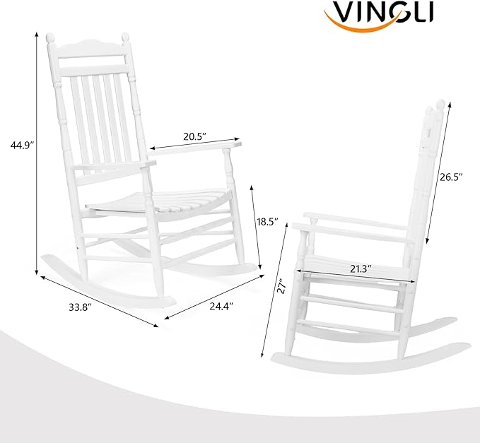 VINGLI Wooden Rocking Chair, Outdoor Chair with 450 lbs Support, Relaxing Rocker with Solid Wood High Back Seat Reclining Seat for Deck, Garden, Backyard, Porch, Indoor or Outdoor Use, White