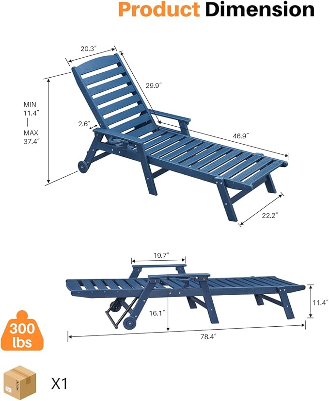 HDPE Patio Chaise Lounge Chair, 78.4'' Adjustable Outdoor Lounger with Wheels & Cup Holder, 5 Positions Poly Lounge Chairs, HDPE Outdoor Patio Lounge Chair for Outside, Deck, Beach, Navy