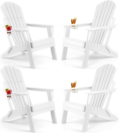 FUNBERRY Folding Adirondack Chair Set of 4, HDPE All Weather Fire Pit Chairs with Cup Holder for Outdoor
