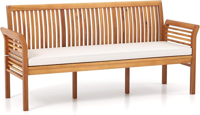 RELAX4LIFE 62.5’’ Outdoor Bench Acacia Wood - 3-Person Patio Bench w/Backrest, Armrests & Removable Seat Cushion, Slatted Wooden Garden Bench for Front Porch Park Backyard, 1200 LBS Weight Capacity