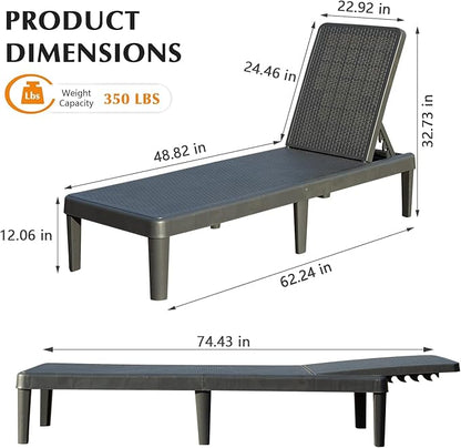 Domi Pool Lounge Chairs Set of 2, Outdoor Lounge Chairs with 6 Positions Backrest Adjustable, Resin Waterproof Chaise Lounge Outdoor for Poolside Patio Garden Deck