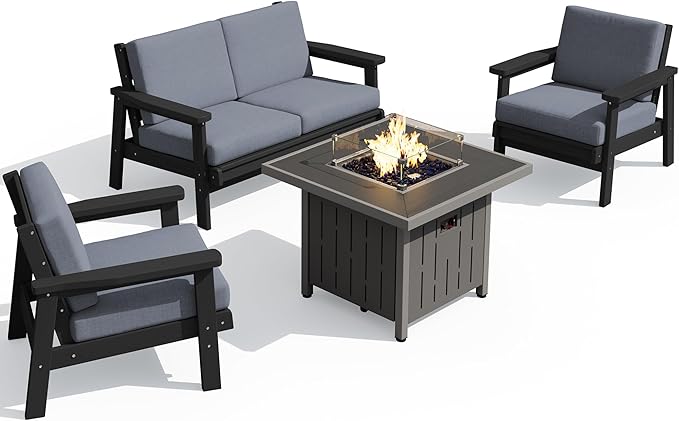 SERWALL Patio Furniture Set with 33” Fire Pit Table, HDPE Outdoor Sectional Sofa Set with Thickened Cushions - Photo 1