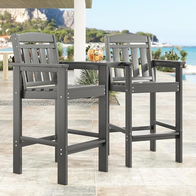 Tall Adirondack Chairs Set of 2, Bar Height Adirondack Chair Patio Barstool, for Balcony, Poolside, Backyard (Grey + POLYETHYLENE)