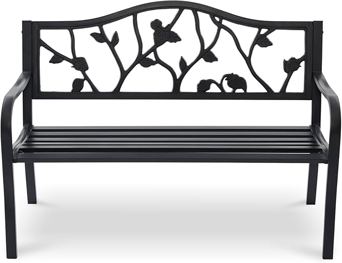 50" Outdoor Garden Bench, Cast Iron Metal Outdoor Benches Weatherproof with Artistic Strawberry Backrest - Photo 1