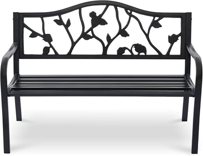 50" Outdoor Garden Bench, Cast Iron Metal Outdoor Benches Weatherproof with Artistic Strawberry Backrest, Black Patio Bench for Porch, Backyard, Lawn
