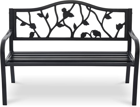 50" Outdoor Garden Bench, Cast Iron Metal Outdoor Benches Weatherproof with Artistic Strawberry Backrest, Black Patio Bench for Porch, Backyard, Lawn
