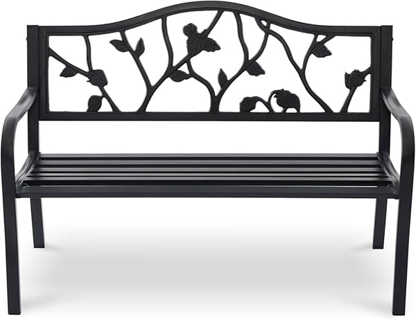 50" Outdoor Garden Bench, Cast Iron Metal Outdoor Benches Weatherproof with Artistic Strawberry Backrest, Black Patio Bench for Porch, Backyard, Lawn