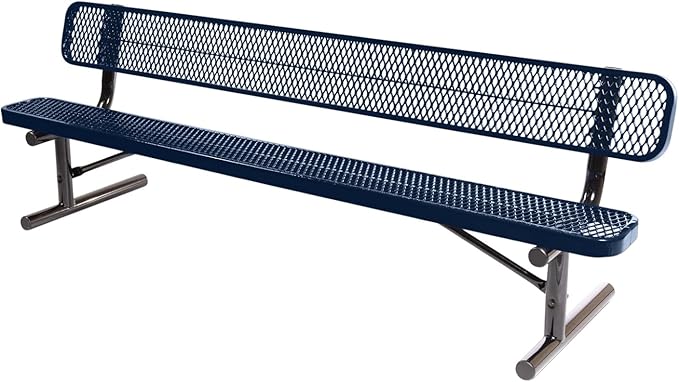 COATEDOUTDOORFURNITURE Heavy-Duty Portable Outdoor Bench Thermoplastic Coated, Expanded Metal, Commercial-Grade Seating, Made in America (Portable with Back, 8 Ft, Textured Dark Blue)