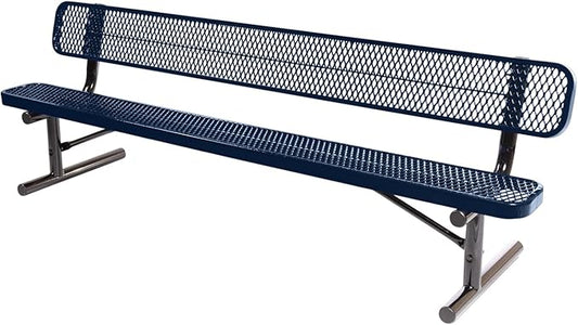 COATEDOUTDOORFURNITURE Heavy-Duty Portable Outdoor Bench Thermoplastic Coated, Expanded Metal, Commercial-Grade Seating, Made in America (Portable with Back, 8 Ft, Textured Dark Blue)