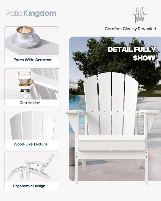 White 6-Piece Folding Adirondack Chair Set with Cup Holders, Ottomans, Side Table & Beige 9FT Patio Umbrella with Base - Photo 5