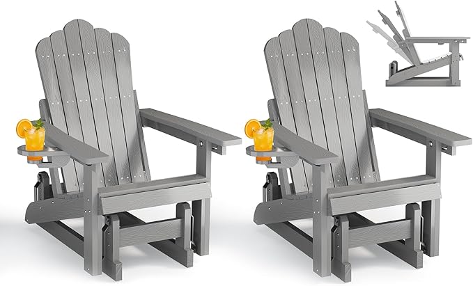 HDPE Outdoor Glider Chair Set of 2,3-Position Adjustable Backrest Patio Glider, All-Weather Glider Rocker Chair with Cup Holders,Porch Glider for Outside,Deck,Fire Pit, Poolside,400LBS Capacity (Grey)