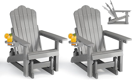 HDPE Outdoor Glider Chair Set of 2,3-Position Adjustable Backrest Patio Glider, All-Weather Glider Rocker Chair with Cup Holders,Porch Glider for Outside,Deck,Fire Pit, Poolside,400LBS Capacity (Grey)