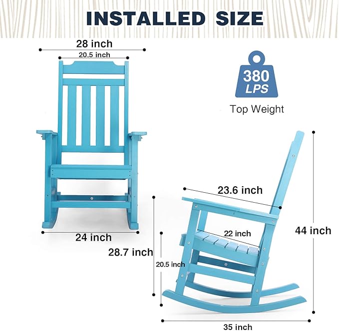 Rocking Chair, All Weather Resistant Poly Lumber Outdoor Porch Rocker, Rocking Chairs for Outdoor, Indoor, Patio, Deck, Garden, Backyard, Load Bearing 380 lbs - Lake Blue