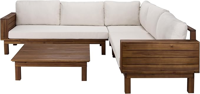 SAFAVIEH Outdoor Patio Furniture Collection - Napoli Teak Brown & Cream Solid Wood 4-Piece Sectional Sofa Set with Coffee Table, Durable Cushions, Modern Outdoor Seating (PAT6806A)