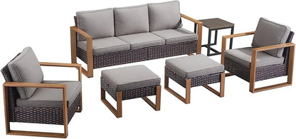 Rilyson Outdoor Wicker Patio Furniture Set - 6 Piece Patio Conversation Set with 2 Wicker Armrest Chairs,2 Rattan Ottoman,1 Side Table and 1 Couch,Sturdy Frame,Thick Cushions,Deep Seating(Brown/Grey)