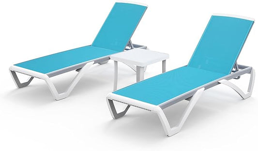 Domi Outdoor Chaise Lounge - Aluminum Adjustable Patio Lounge,Plastic Pool Lounge Chair (2 Aqua Lounges W/Table)