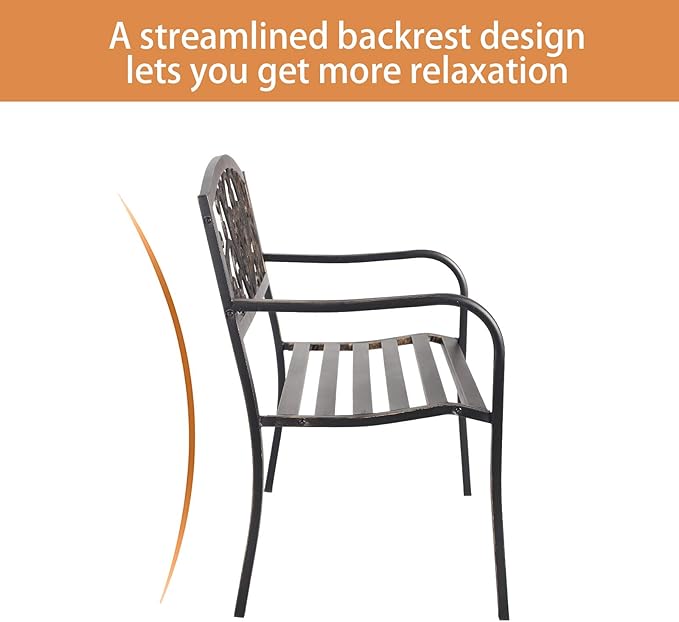 Patio Garden Bench Outdoor Metal Bench Park Yard Furniture Cast Iron Loveseats with Armrests for Porch Backyard Lawn Deck