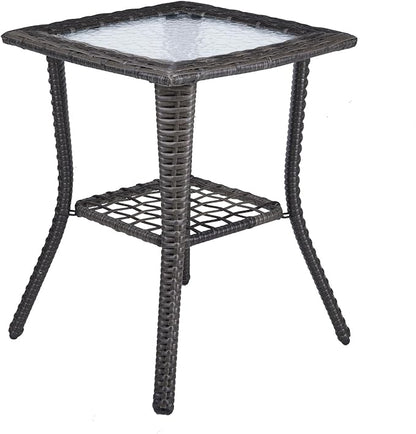 Outdoor Wicker Side Table, Rattan End Table with Glass Top, Patio Coffee Bistro Table for Indoor Garden Porch Balcony (Grey)