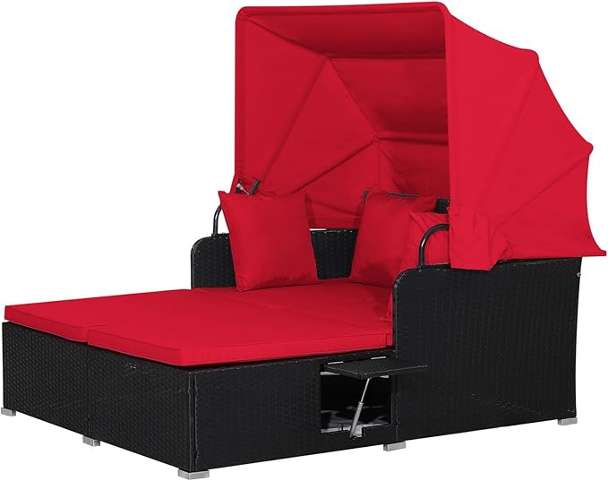LDAILY Moccha Outdoor Daybed with Retractable Canopy, Wicker Cabana with 2 Side Tables & Soft Cushions - Photo 1
