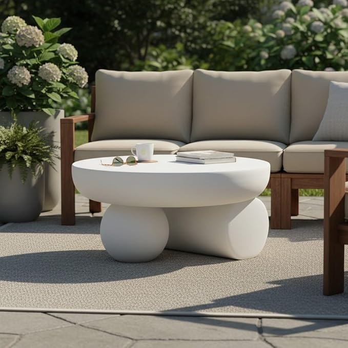 Christopher Knight Home Rico 27.5" Outdoor Coffee Table with Spherical and Cylinder Leg, MGO Round End Table with Ball Legs, No Assembly Patio Table for Poolside/Balcony/Backyard, White