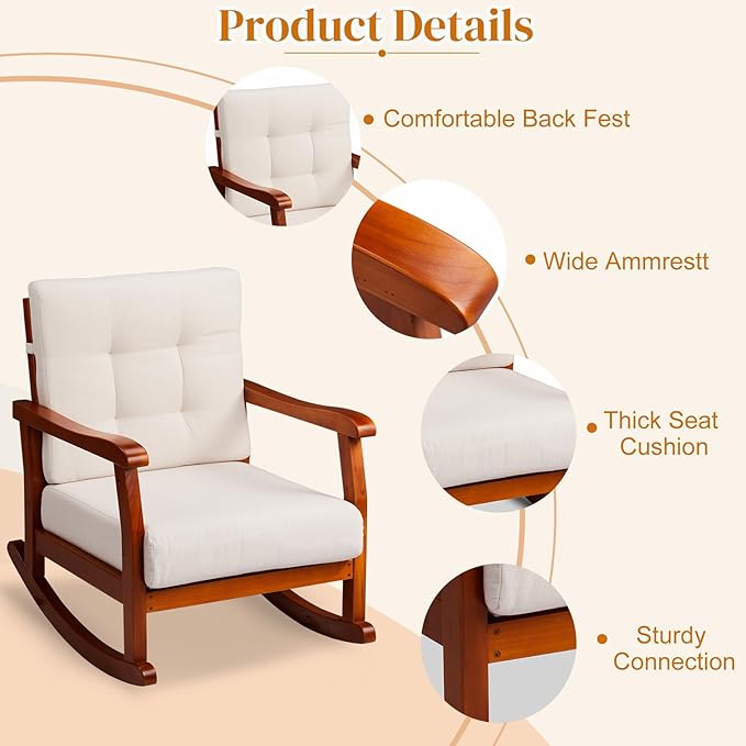 Outdoor Wood Rocking Chair with Detachable Cushions - Photo 3