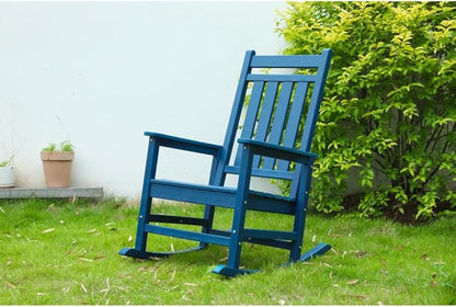 Outdoor Rocking Chair Set with Side Table, 3-Piece Rocking Chair Set with Wood-Texture,All Weather-Resistant,Black (Navy Blue + Plastic)