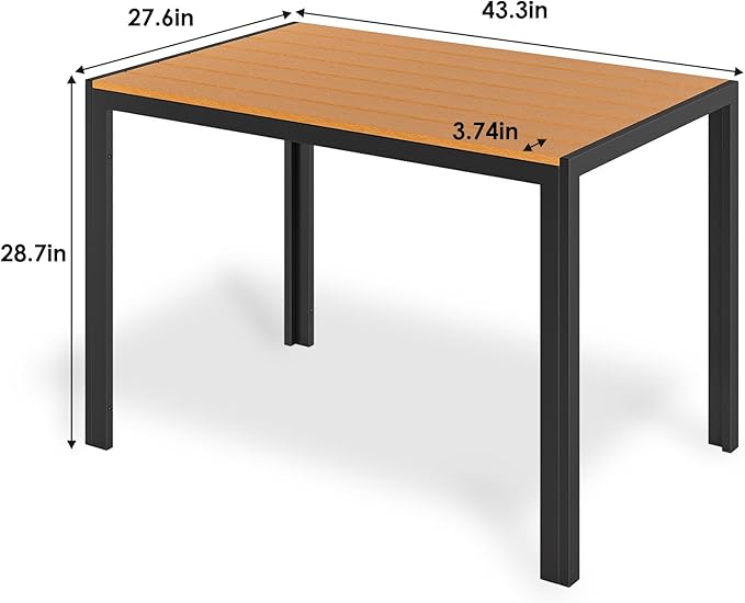 LIFERUN Outdoor Patio Table for 4-6 Person, 43×28in Rectangle Outdoor Dining Table with Wooden-Like Top and Aluminum Frame, Heat and Weather Resistant, Ideal for Garden, Patio, Poolside, Porch, Brown