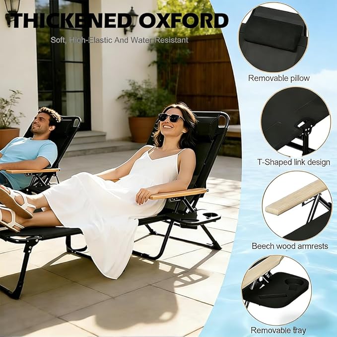 Folding Outdoor Chaise Lounge Chair with Arms, 4 Reclining Back Sunbathing Lounge Chair, Sun Tanning Chairs for Outside Portable with Cup Holders for Beach Patio Camping Poolside Yard (Black)