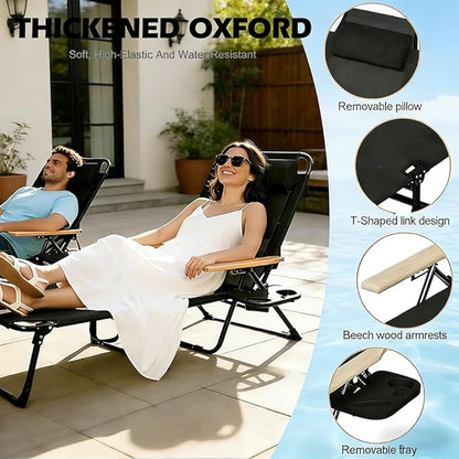 Folding Outdoor Chaise Lounge Chair with Arms, 4 Reclining Back Sunbathing Lounge Chair, Sun Tanning Chairs for Outside Portable with Cup Holders for Beach Patio Camping Poolside Yard (Black)