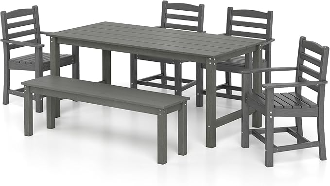 Tangkula 6 Pieces Patio Dining Bench Set, Outdoor HDPE Weather Resistant Table and Chairs Set with 1.77” Umbrella Hole and Wood-Like Surface, Outside Furniture Set for Garden, Backyard (Gray, 6 Pcs)