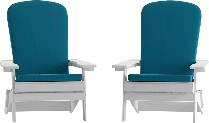 Flash Furniture Charlestown Folding Adirondack Chairs Poly Resin Frame-All-Weather Cushions-Indoor/Outdoor Use, Set of 2, White/Teal