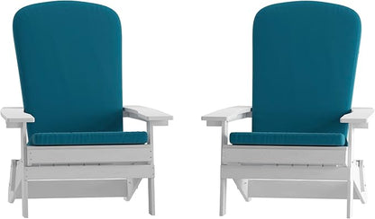 Flash Furniture Charlestown Folding Adirondack Chairs Poly Resin Frame-All-Weather Cushions-Indoor/Outdoor Use, Set of 2, White/Teal