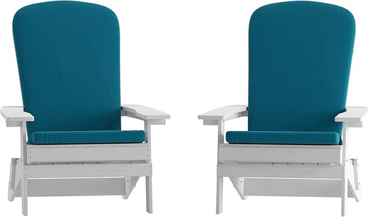 Flash Furniture Charlestown Folding Adirondack Chairs Poly Resin Frame-All-Weather Cushions-Indoor/Outdoor Use, Set of 2, White/Teal