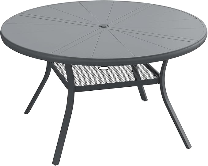 Outdoor Patio Round Dining Table for 6, 47.3" x 47.3" Sleek Aluminum Dining Table with Umbrella Hole for Backyard Garden Lawn Deck, Dark Grey