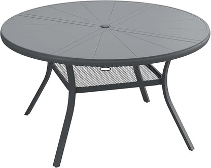 Outdoor Patio Round Dining Table for 6, 47.3" x 47.3" Sleek Aluminum Dining Table with Umbrella Hole for Backyard Garden Lawn Deck, Dark Grey