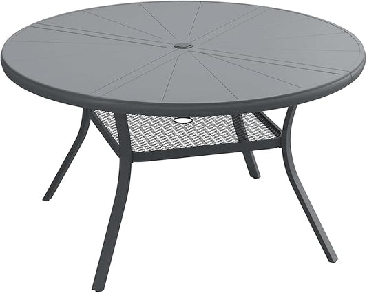 Outdoor Patio Round Dining Table for 6, 47.3" x 47.3" Sleek Aluminum Dining Table with Umbrella Hole for Backyard Garden Lawn Deck, Dark Grey
