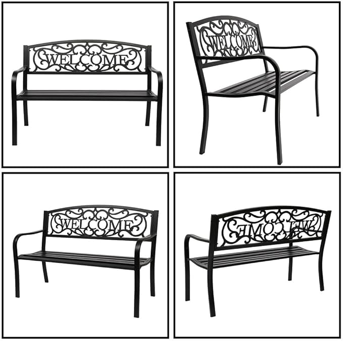 50" Outdoor Garden Bench, Cast Iron Metal Frame Patio Park Bench with PVC Welcome Pattern Backrest,Arch Legs for Park Yard Front Porch Path Yard Lawn Decor Deck Furniture, Black
