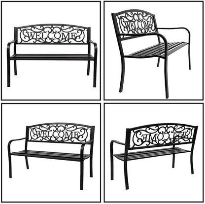 50" Outdoor Garden Bench, Cast Iron Metal Frame Patio Park Bench with PVC Welcome Pattern Backrest,Arch Legs for Park Yard Front Porch Path Yard Lawn Decor Deck Furniture, Black
