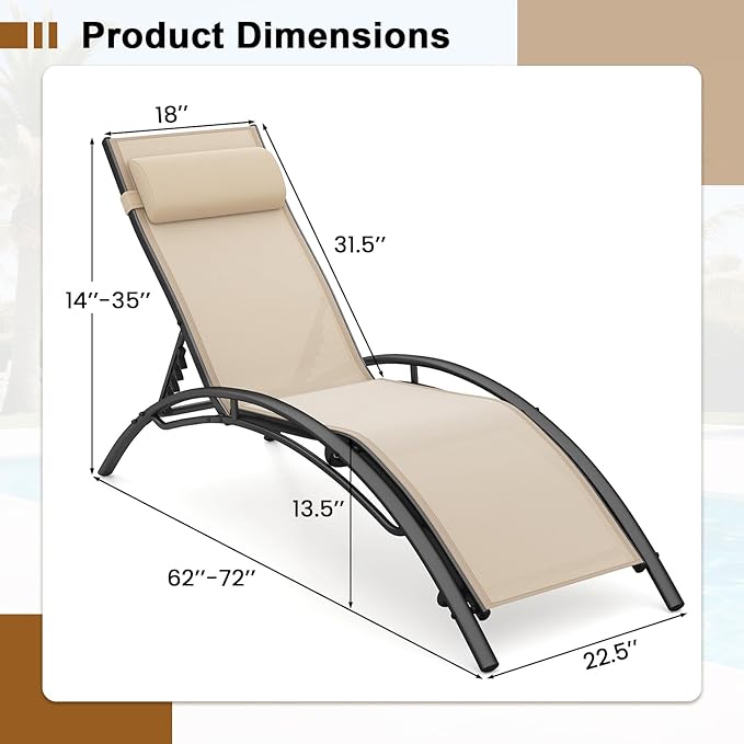 Tangkula Lounge Chairs Outdoor Set of 2, Heavy-Duty Patio Chaise Lounges with 5-Position Backrest & Breathable Seat Fabric, Outside Beach Pool Sunbathing Recliner for Backyard, Poolside (Beige)