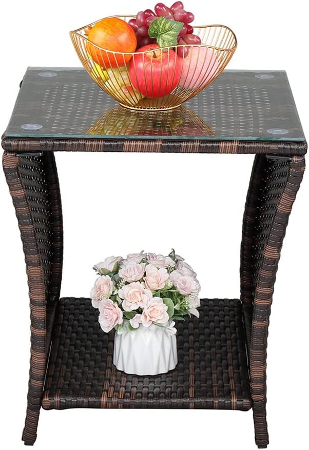 Patio Outdoor Wicker End Table, Rattan Side Square Glass Top Coffee Table with Storage, Nightstand Bed for Bedroom Living Room, Sofa Wedge Brown