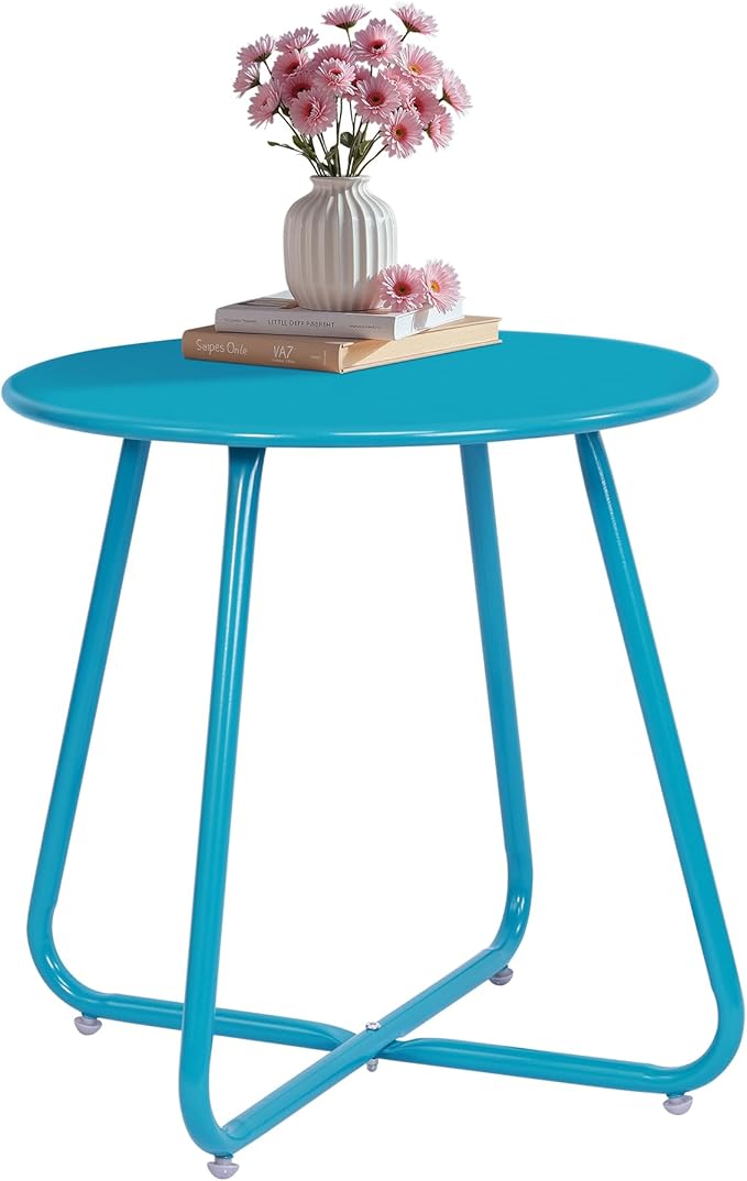 Elevon Weather Resistant Outdoor 17.5” Round End Accent Table for Bistro Balcony, Sky Blue