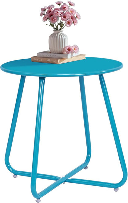 Elevon Weather Resistant Outdoor 17.5” Round End Accent Table for Bistro Balcony, Sky Blue