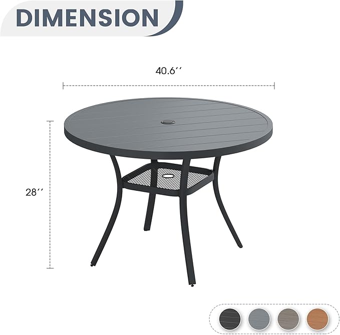 VICLLAX 40.6" Round Metal Outdoor Dining Table for 4, Patio Table with Umbrella Hole and Storage Shelf for Garden, Lawn, Deck, Dark Grey