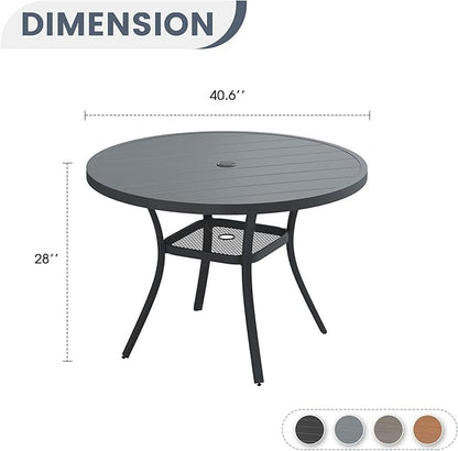 VICLLAX 40.6" Round Metal Outdoor Dining Table for 4, Patio Table with Umbrella Hole and Storage Shelf for Garden, Lawn, Deck, Dark Grey