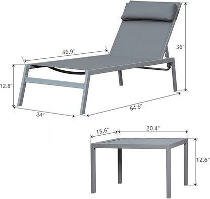 Domi Patio Chaise Lounge Set, Classic Pool Lounge Chairs with 5 Adjustable Posation, Breathable Textilene Fabric, Headrest and Table, Steel Frame Pool Chairs, Grey