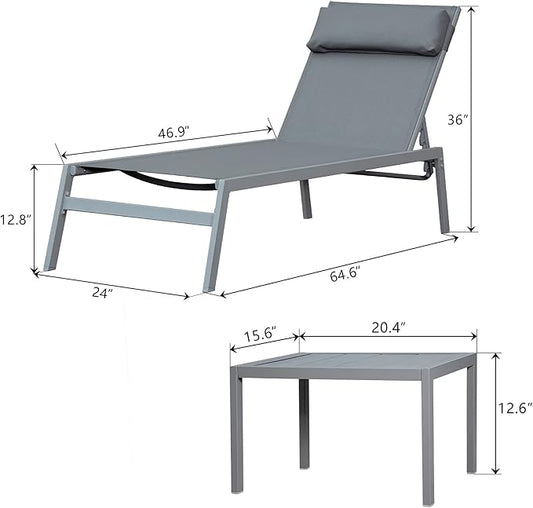 Domi Patio Chaise Lounge Set, Classic Pool Lounge Chairs with 5 Adjustable Posation, Breathable Textilene Fabric, Headrest and Table, Steel Frame Pool Chairs, Grey