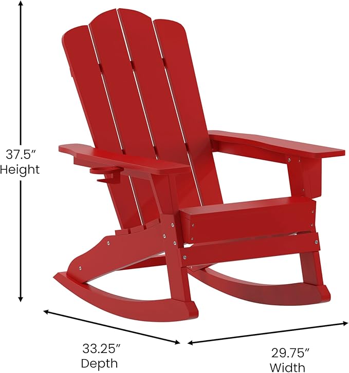 EMMA + OLIVER Tiverton Adirondack Rocking Chair with Cup Holder, Weather Resistant Poly Resin Adirondack Rocking Chair, Red