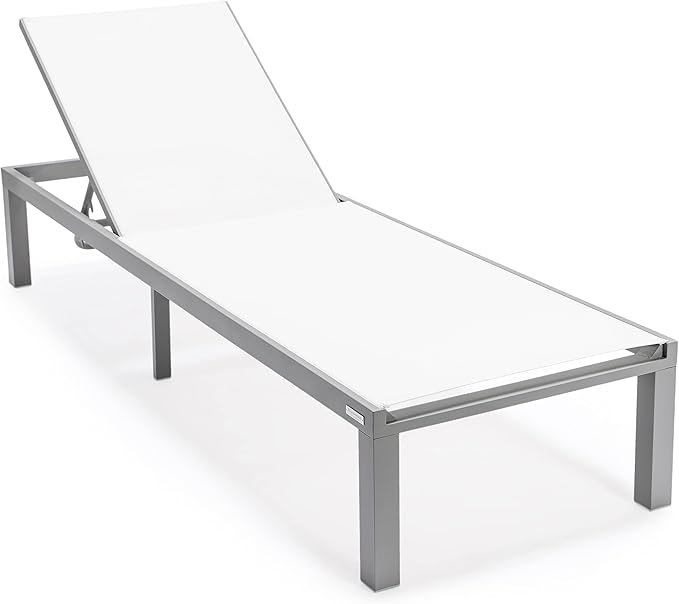 LeisureMod Marlin Aluminum Outdoor Chaise Lounge Chair (Set of 2) - Mesh Sling Fabric Seat Grey Aluminum Frame Beach, Pool Lounge Chair for Modern Patio Lawn, Garden and Backyard (White)